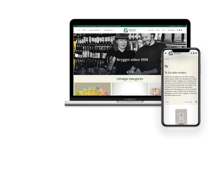 screenshot af Carstensens tehandel, i mockup af mobil og macbook