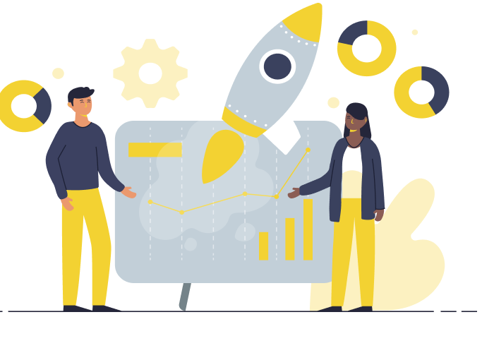 To personer præsenterer data foran en skærm med raket og vækstkurver – symbol på lancering og forretningsudvikling. Ideel til indhold om opstart, vækststrategi og lancering af Magento 2 webshop med professionel support.