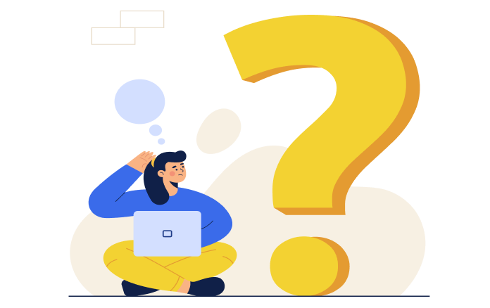 Illustration af en tænksom person med bærbar computer og et stort spørgsmålstegn i baggrunden – symboliserer usikkerhed ved valg af e-handelsplatform. Perfekt til indhold om Magento 2 webshop og rådgivning.