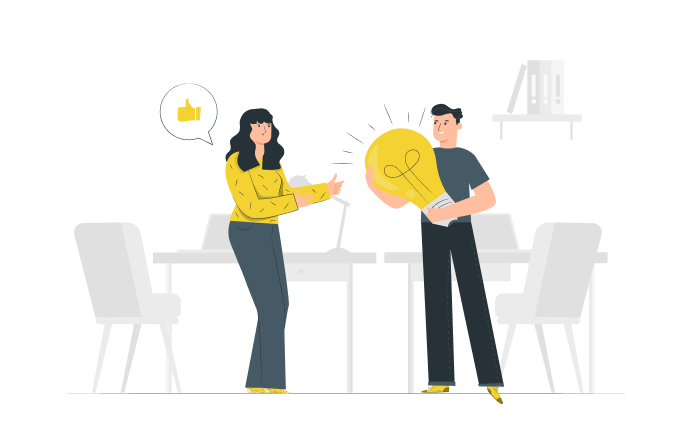 To personer i dialog, hvor den ene præsenterer en lyspære som idé – symbol på samarbejde og innovative løsninger. Velegnet til indhold om strategi og udvikling af Magento 2 webshop i samarbejde med eksperter.