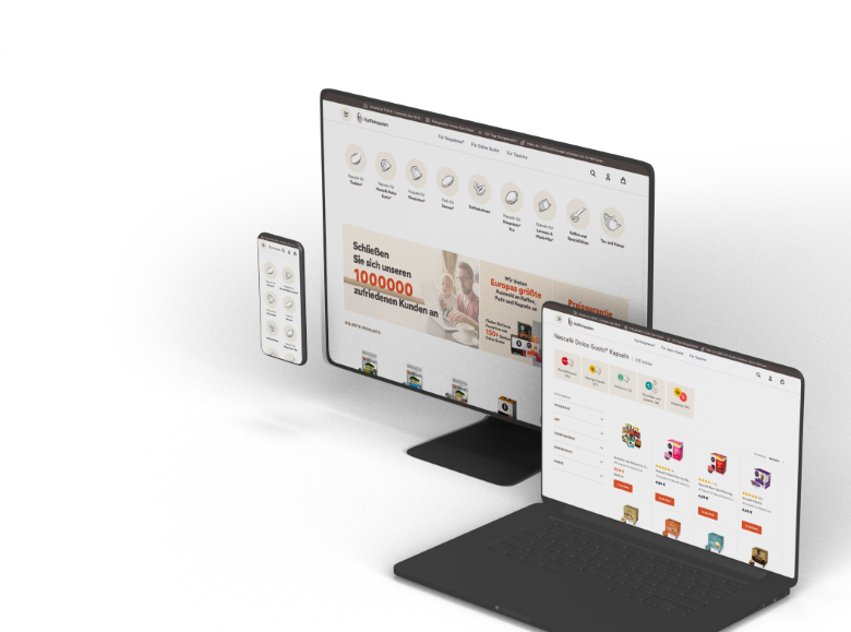 A tablet, desktop and smartphone showcasing Kaffekapslens webshop